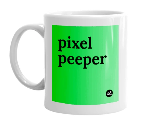 White mug with 'pixel peeper' in bold black letters