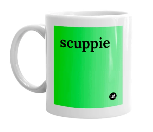 White mug with 'scuppie' in bold black letters