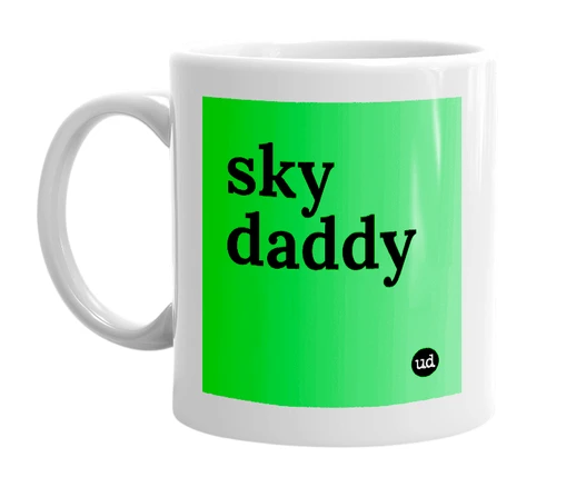 White mug with 'sky daddy' in bold black letters