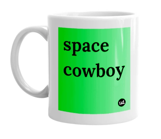 White mug with 'space cowboy' in bold black letters