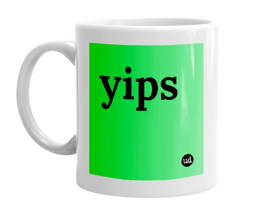 White mug with 'yips' in bold black letters