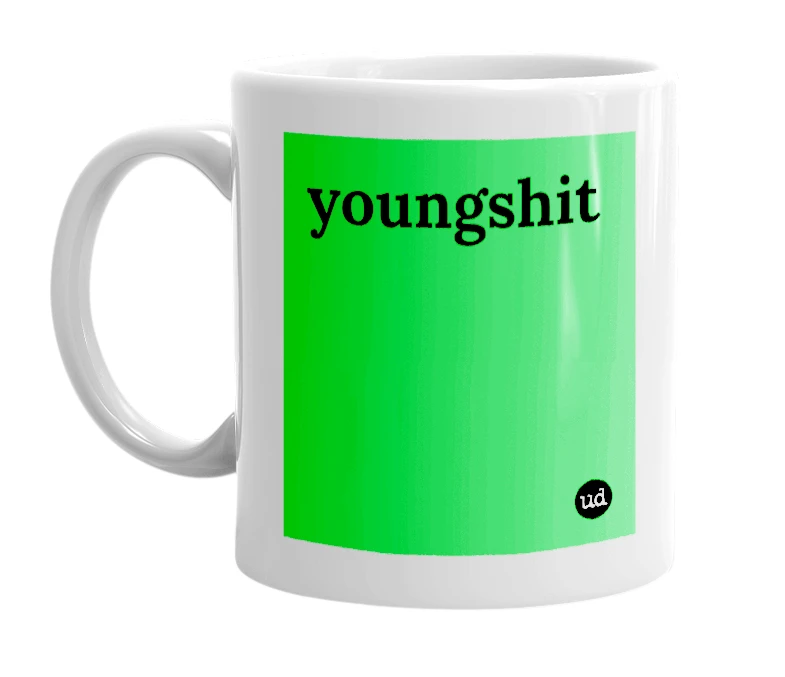 White mug with 'youngshit' in bold black letters