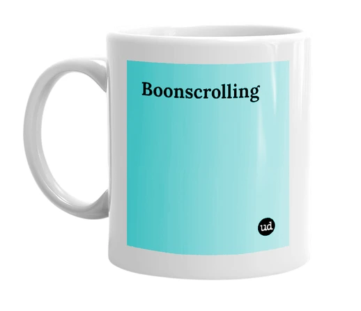 White mug with 'Boonscrolling' in bold black letters