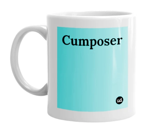 White mug with 'Cumposer' in bold black letters