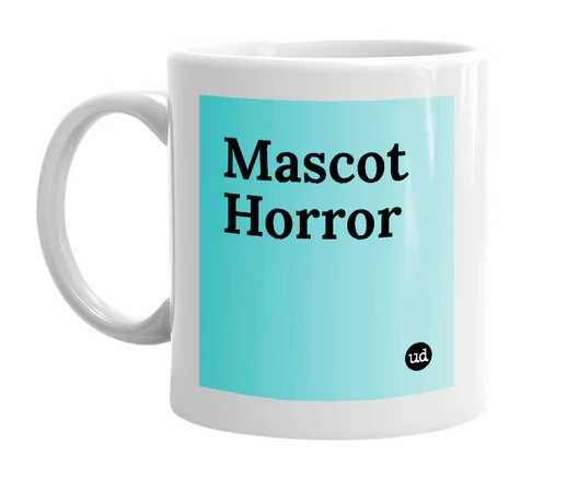 White mug with 'Mascot Horror' in bold black letters