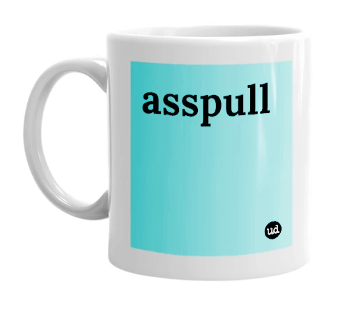 White mug with 'asspull' in bold black letters