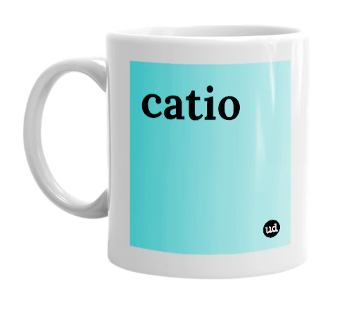 White mug with 'catio' in bold black letters