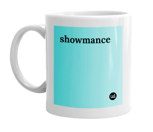 White mug with 'showmance' in bold black letters