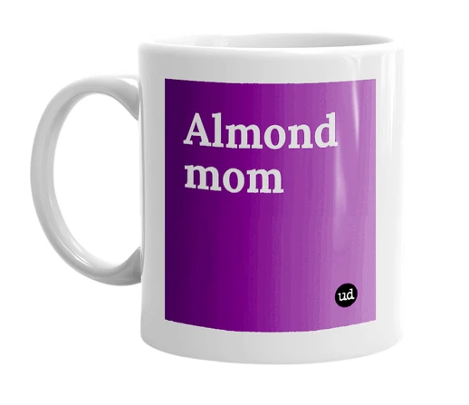 White mug with 'Almond mom' in bold black letters