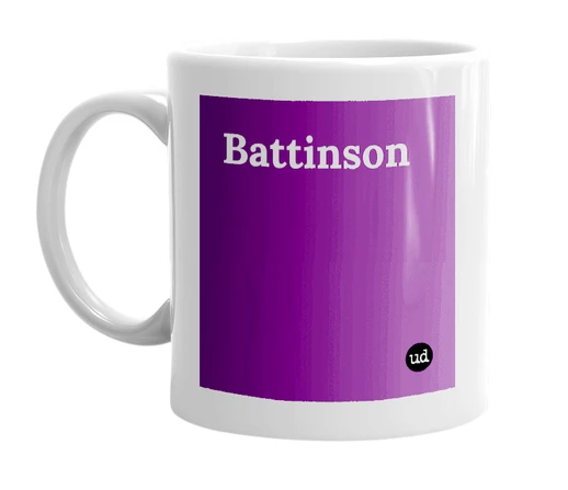 White mug with 'Battinson' in bold black letters