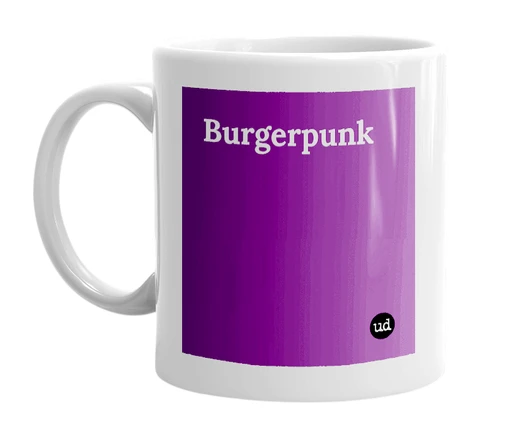 White mug with 'Burgerpunk' in bold black letters