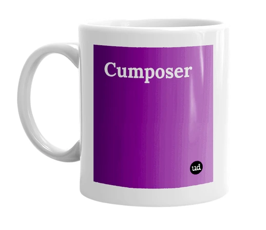 White mug with 'Cumposer' in bold black letters