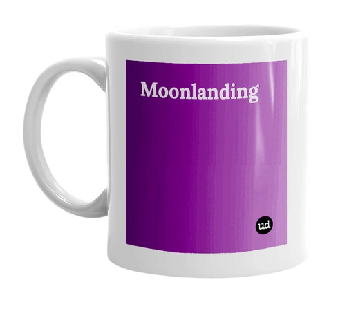 White mug with 'Moonlanding' in bold black letters