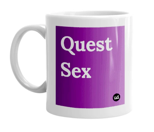 White mug with 'Quest Sex' in bold black letters