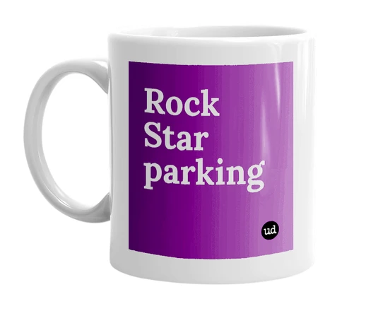 White mug with 'Rock Star parking' in bold black letters