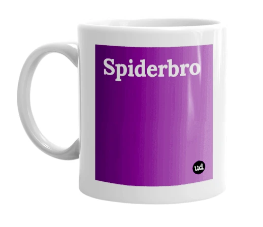 White mug with 'Spiderbro' in bold black letters