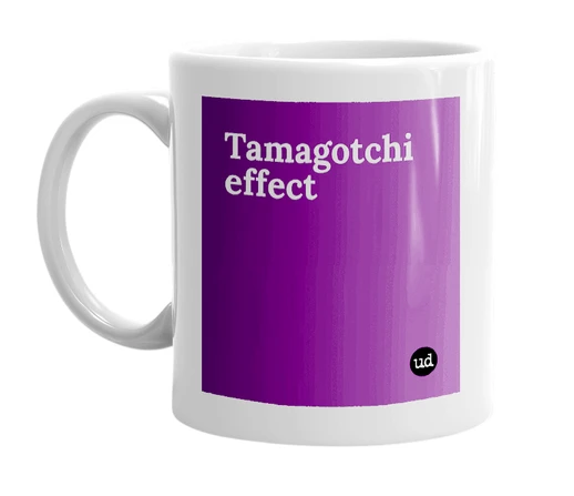 White mug with 'Tamagotchi effect' in bold black letters