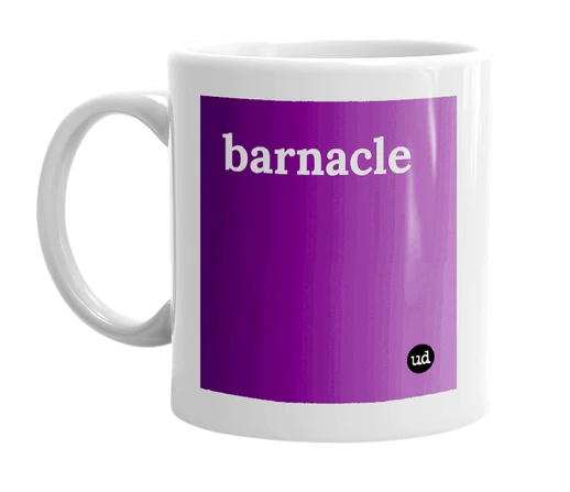 White mug with 'barnacle' in bold black letters