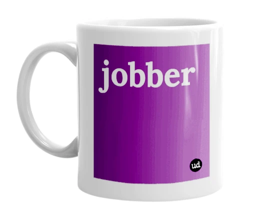 White mug with 'jobber' in bold black letters