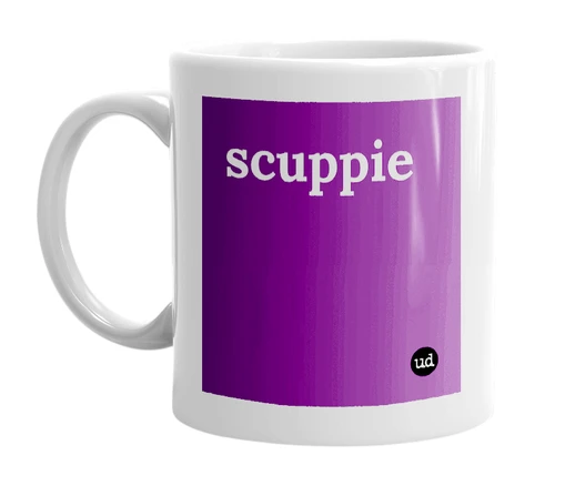 White mug with 'scuppie' in bold black letters