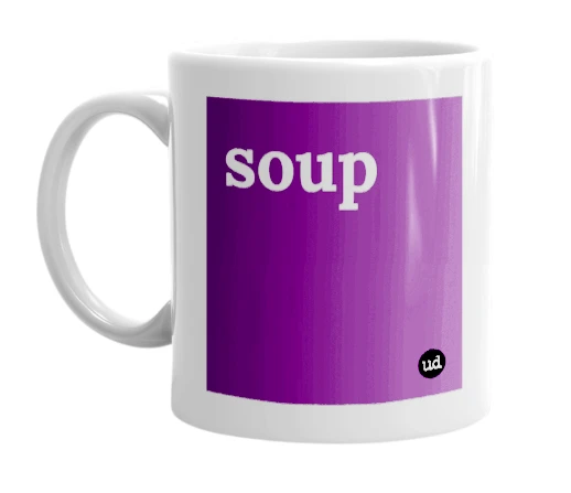 White mug with 'soup' in bold black letters