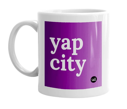 White mug with 'yap city' in bold black letters