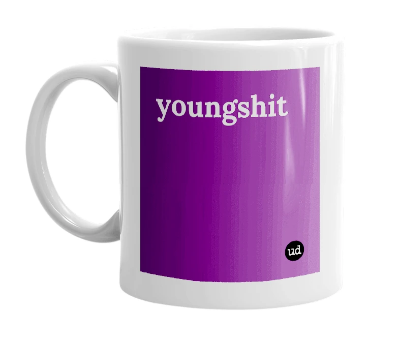 White mug with 'youngshit' in bold black letters