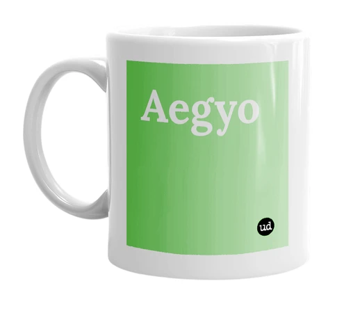 White mug with 'Aegyo' in bold black letters