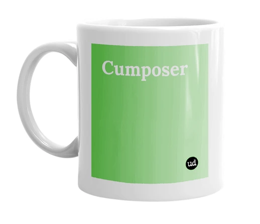 White mug with 'Cumposer' in bold black letters