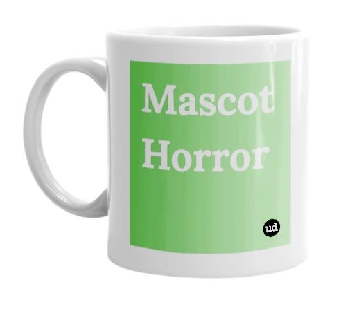 White mug with 'Mascot Horror' in bold black letters