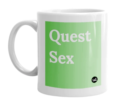 White mug with 'Quest Sex' in bold black letters