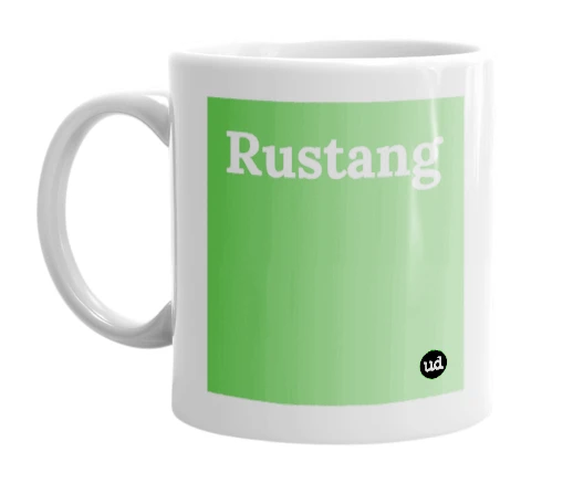 White mug with 'Rustang' in bold black letters