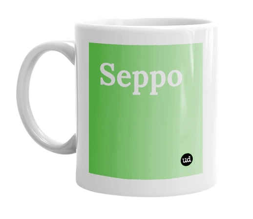 White mug with 'Seppo' in bold black letters