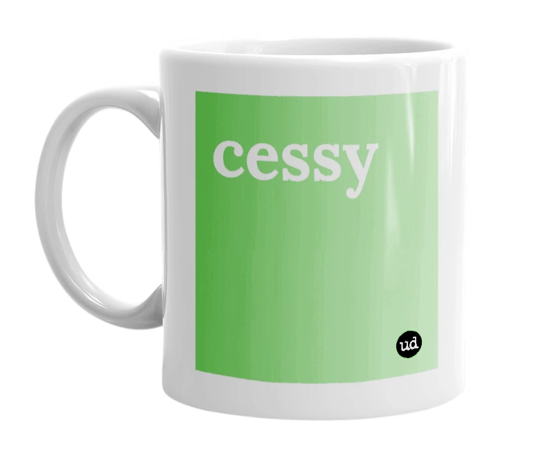 White mug with 'cessy' in bold black letters