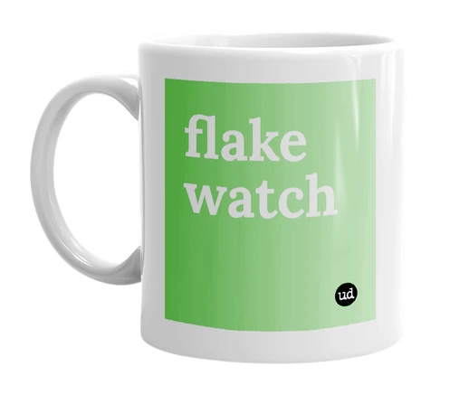 White mug with 'flake watch' in bold black letters