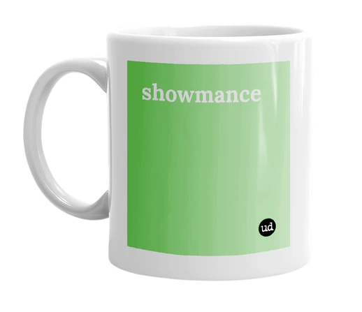 White mug with 'showmance' in bold black letters