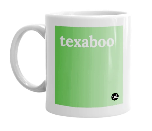 White mug with 'texaboo' in bold black letters