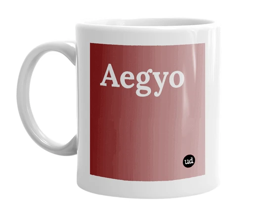 White mug with 'Aegyo' in bold black letters