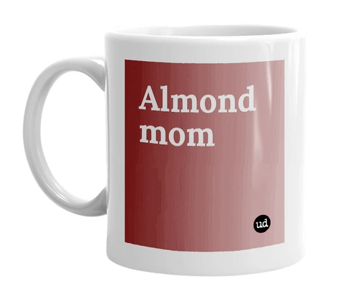 White mug with 'Almond mom' in bold black letters