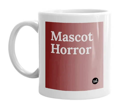 White mug with 'Mascot Horror' in bold black letters