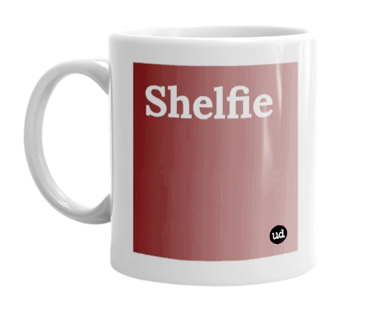 White mug with 'Shelfie' in bold black letters