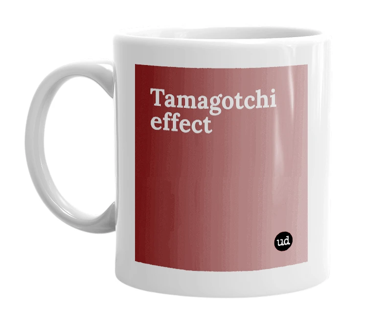 White mug with 'Tamagotchi effect' in bold black letters