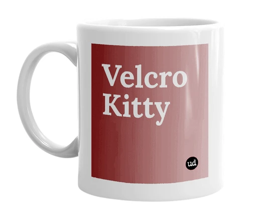 White mug with 'Velcro Kitty' in bold black letters