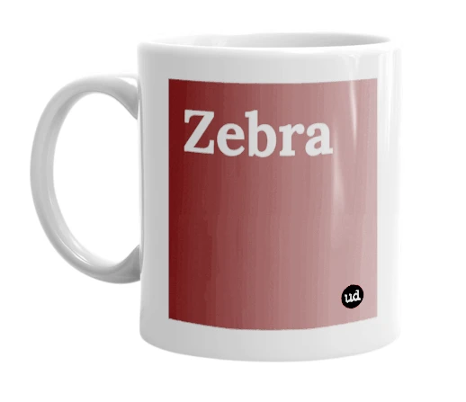 White mug with 'Zebra' in bold black letters