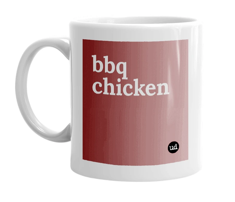 White mug with 'bbq chicken' in bold black letters
