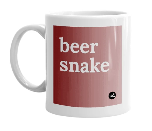 White mug with 'beer snake' in bold black letters