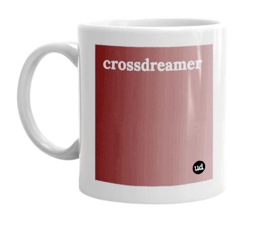 White mug with 'crossdreamer' in bold black letters