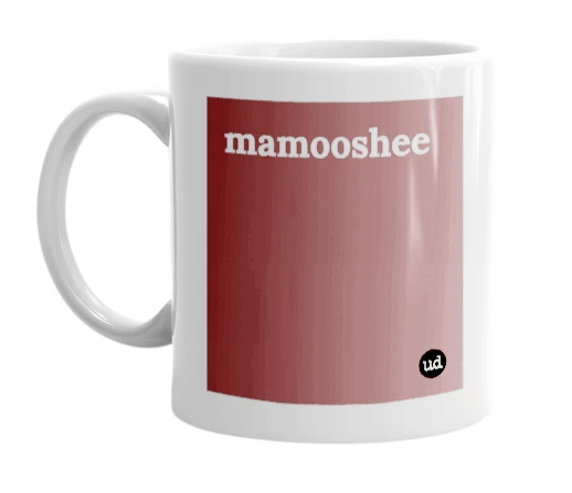 White mug with 'mamooshee' in bold black letters
