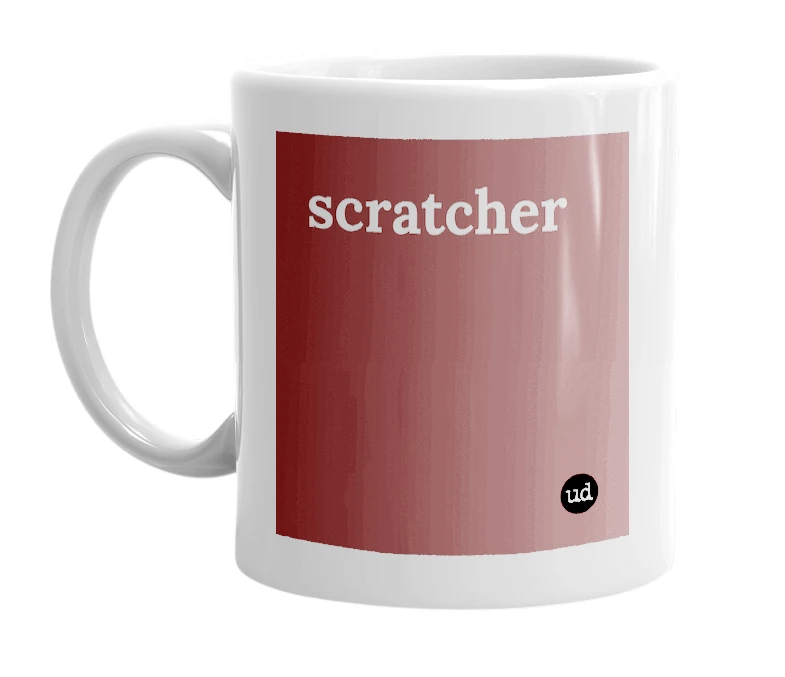 White mug with 'scratcher' in bold black letters