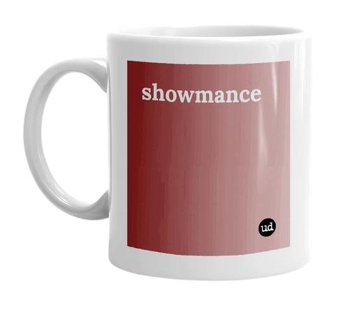 White mug with 'showmance' in bold black letters